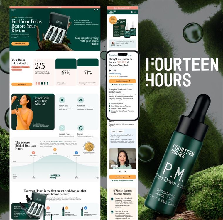 Fourteen Hours store — home page and product card