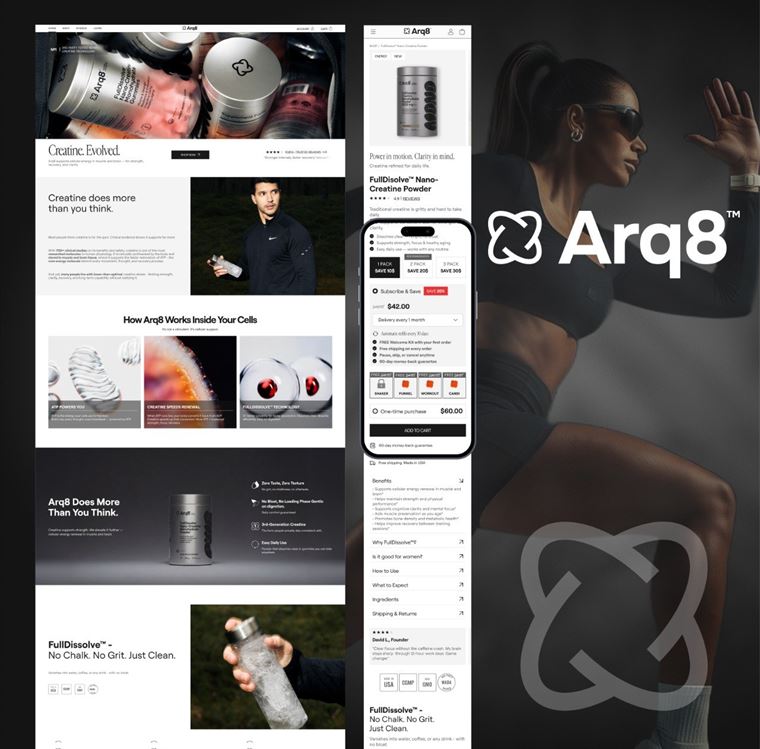 ARQ8 store — home page and product card